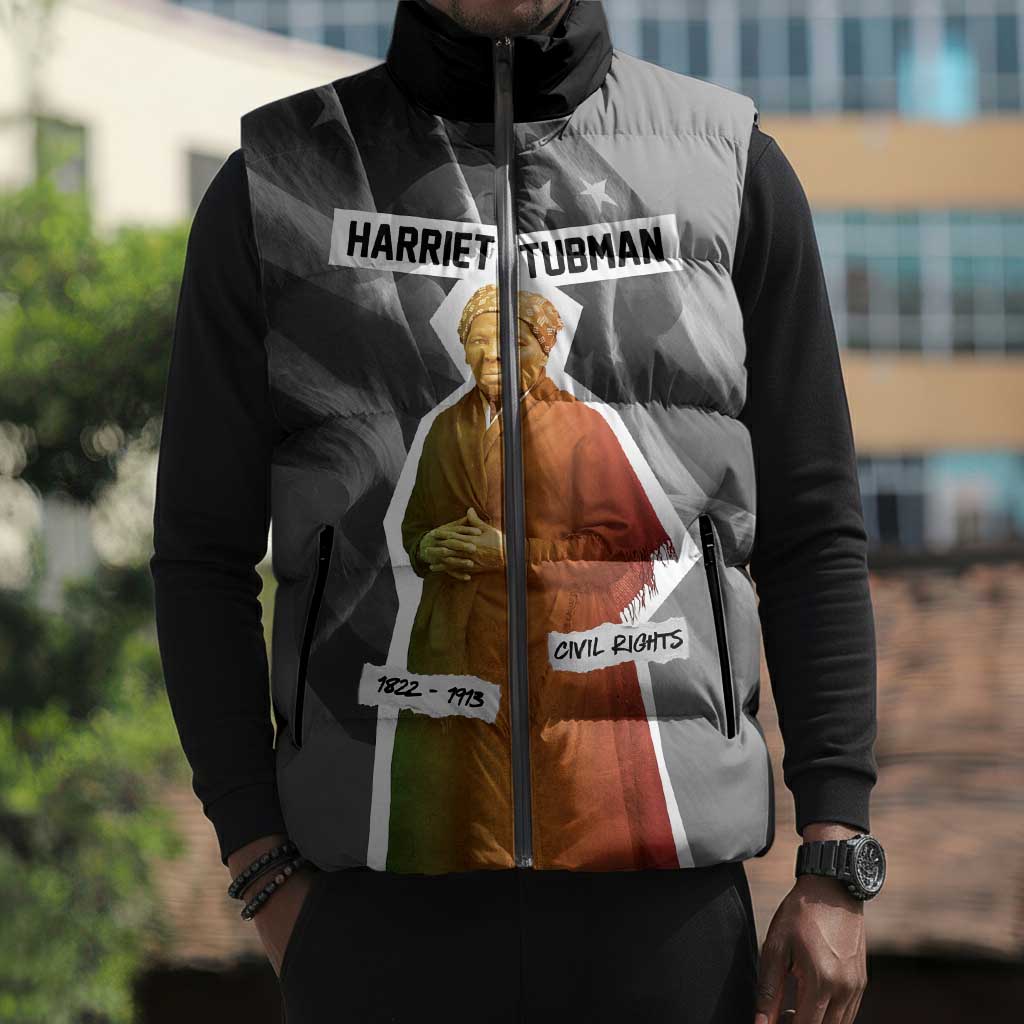 Harriet Tubman Sleeveless Puffer Jacket American Flag Background Civil Rights Quote Keep Going Tribute Design - African Pride
