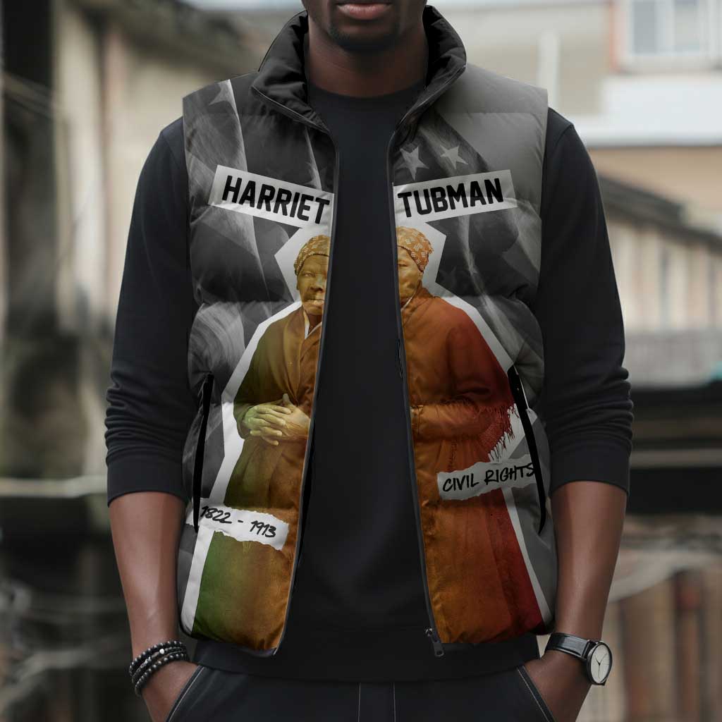 Harriet Tubman Sleeveless Puffer Jacket American Flag Background Civil Rights Quote Keep Going Tribute Design - African Pride