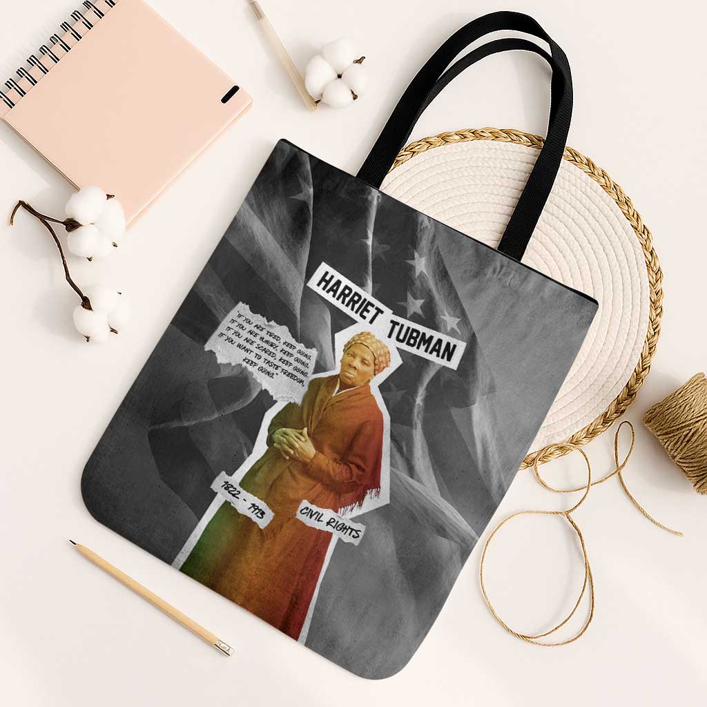Harriet Tubman Tote Bag American Flag Background Civil Rights Quote Keep Going Tribute Design - African Pride