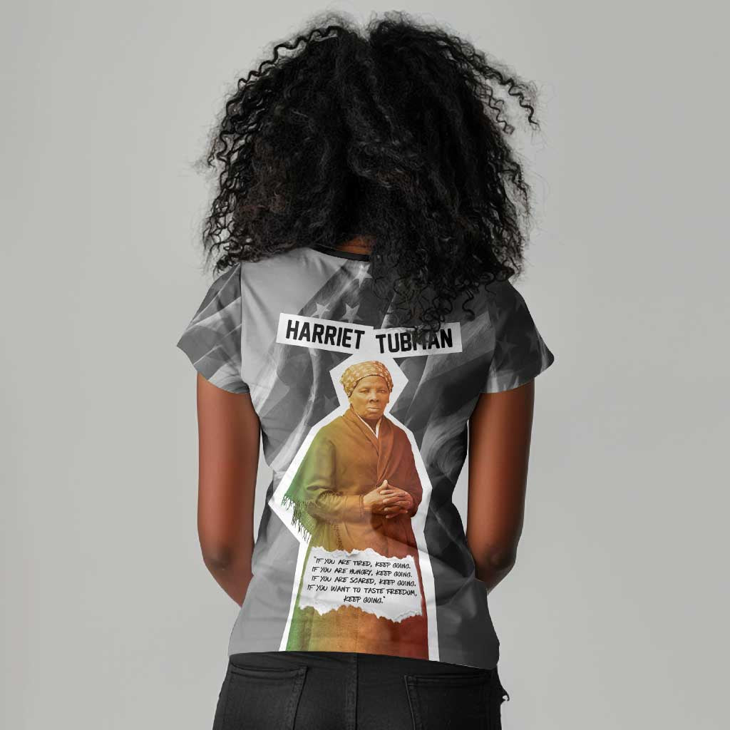 Harriet Tubman Women V-Neck T-Shirt American Flag Background Civil Rights Quote Keep Going Tribute Design TS04