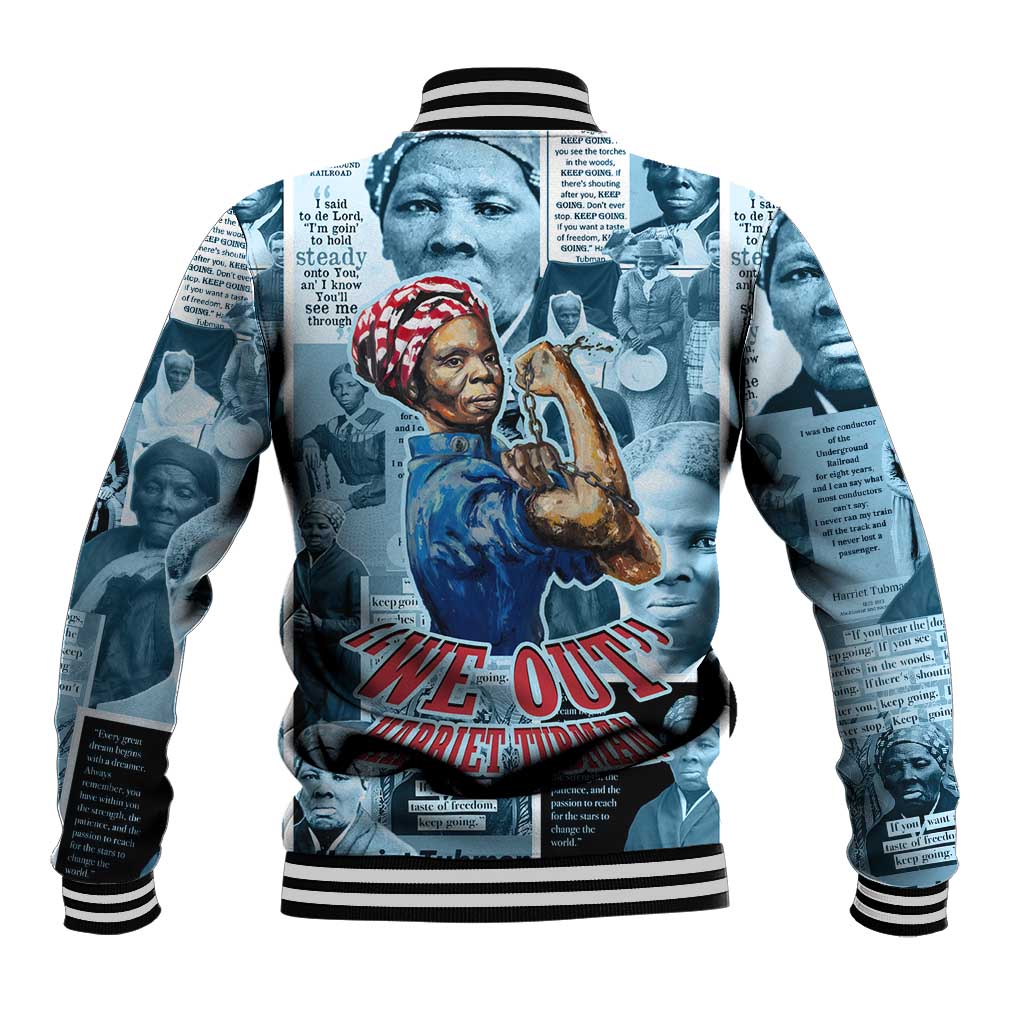 Harriet Tubman Baseball Jacket Newspaper Collage Design We Out Quote Strong Woman Tribute Underground Railroad Legacy - African Pride