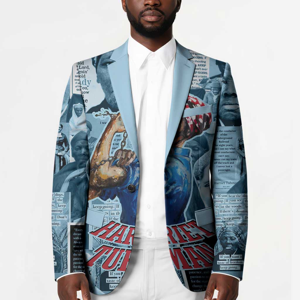 Harriet Tubman Blazer Newspaper Collage Design We Out Quote Strong Woman Tribute Underground Railroad Legacy - African Pride