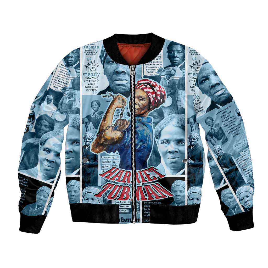 Harriet Tubman Bomber Jacket Newspaper Collage Design We Out Quote Strong Woman Tribute Underground Railroad Legacy - African Pride