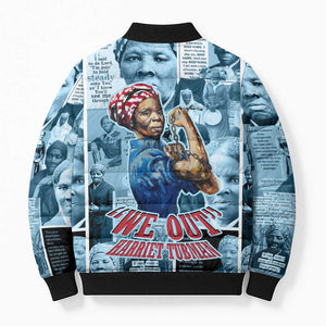 Harriet Tubman Bomber Puffer Jacket Newspaper Collage Design We Out Quote Strong Woman Tribute Underground Railroad Legacy - African Pride