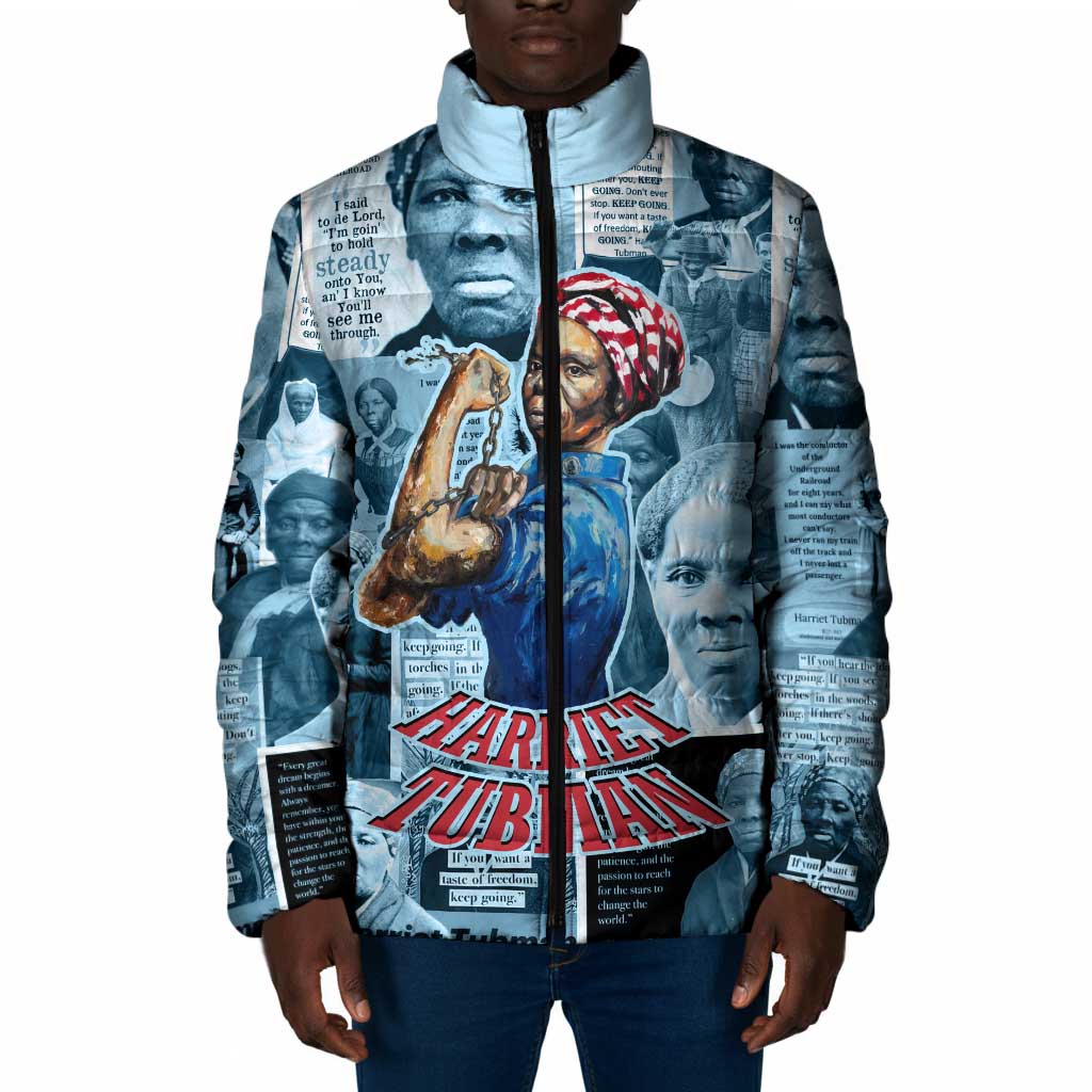 Harriet Tubman Padded Jacket Newspaper Collage Design We Out Quote Strong Woman Tribute Underground Railroad Legacy - African Pride
