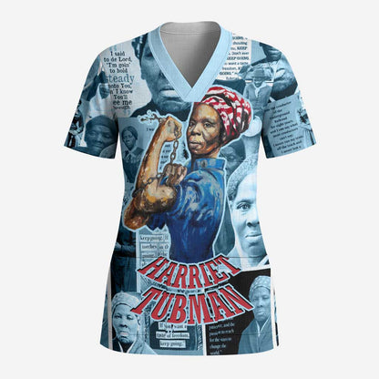 Harriet Tubman Scrub Top Newspaper Collage Design We Out Quote Strong Woman Tribute Underground Railroad Legacy - African Pride