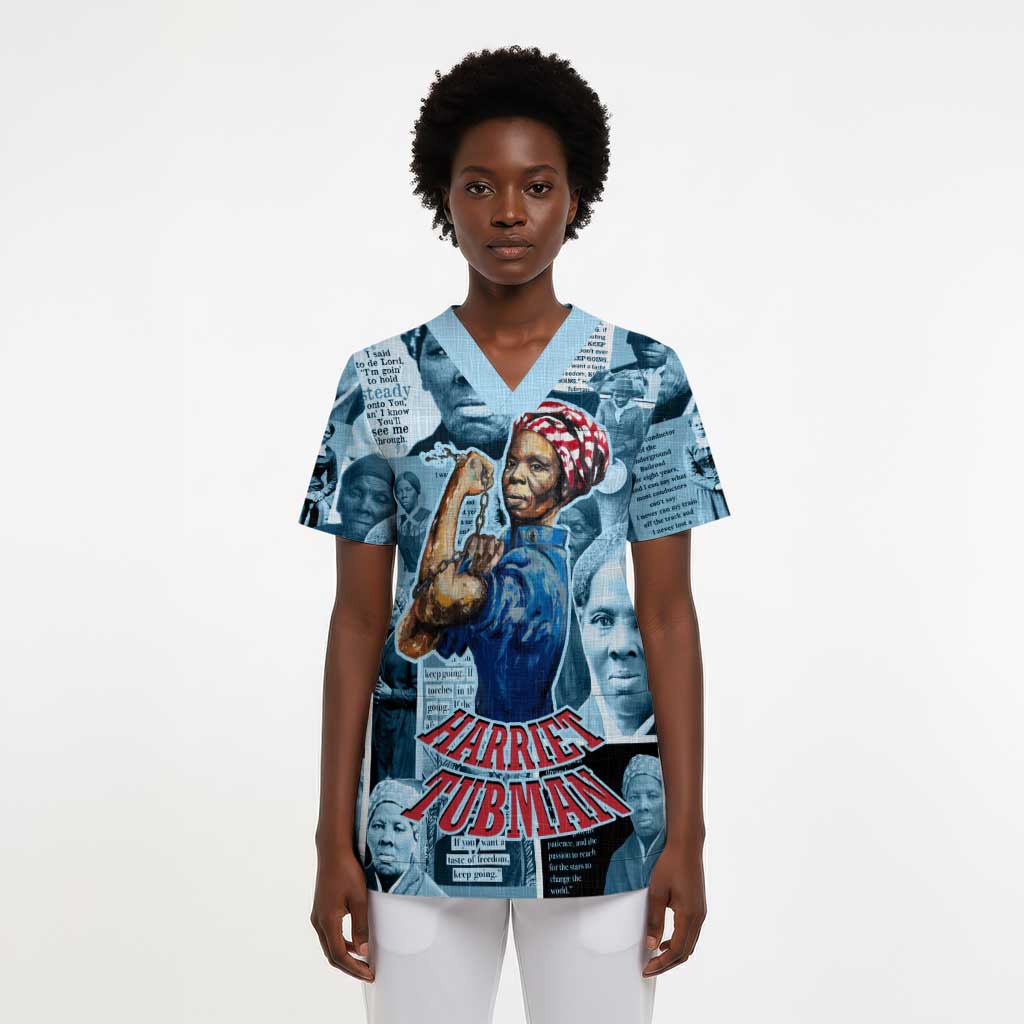 Harriet Tubman Scrub Top Newspaper Collage Design We Out Quote Strong Woman Tribute Underground Railroad Legacy - African Pride