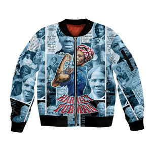 Harriet Tubman Sleeve Zip Bomber Jacket Newspaper Collage Design We Out Quote Strong Woman Tribute Underground Railroad Legacy - African Pride