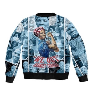 Harriet Tubman Sleeve Zip Bomber Jacket Newspaper Collage Design We Out Quote Strong Woman Tribute Underground Railroad Legacy - African Pride