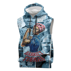 Harriet Tubman Sleeveless Hoodie Newspaper Collage Design We Out Quote Strong Woman Tribute Underground Railroad Legacy - African Pride