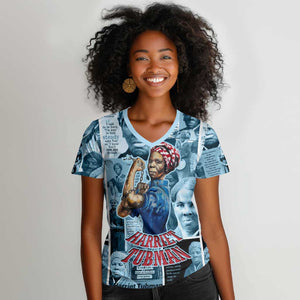 Harriet Tubman Women V-Neck T-Shirt Newspaper Collage Design We Out Quote Strong Woman Tribute Underground Railroad Legacy TS04