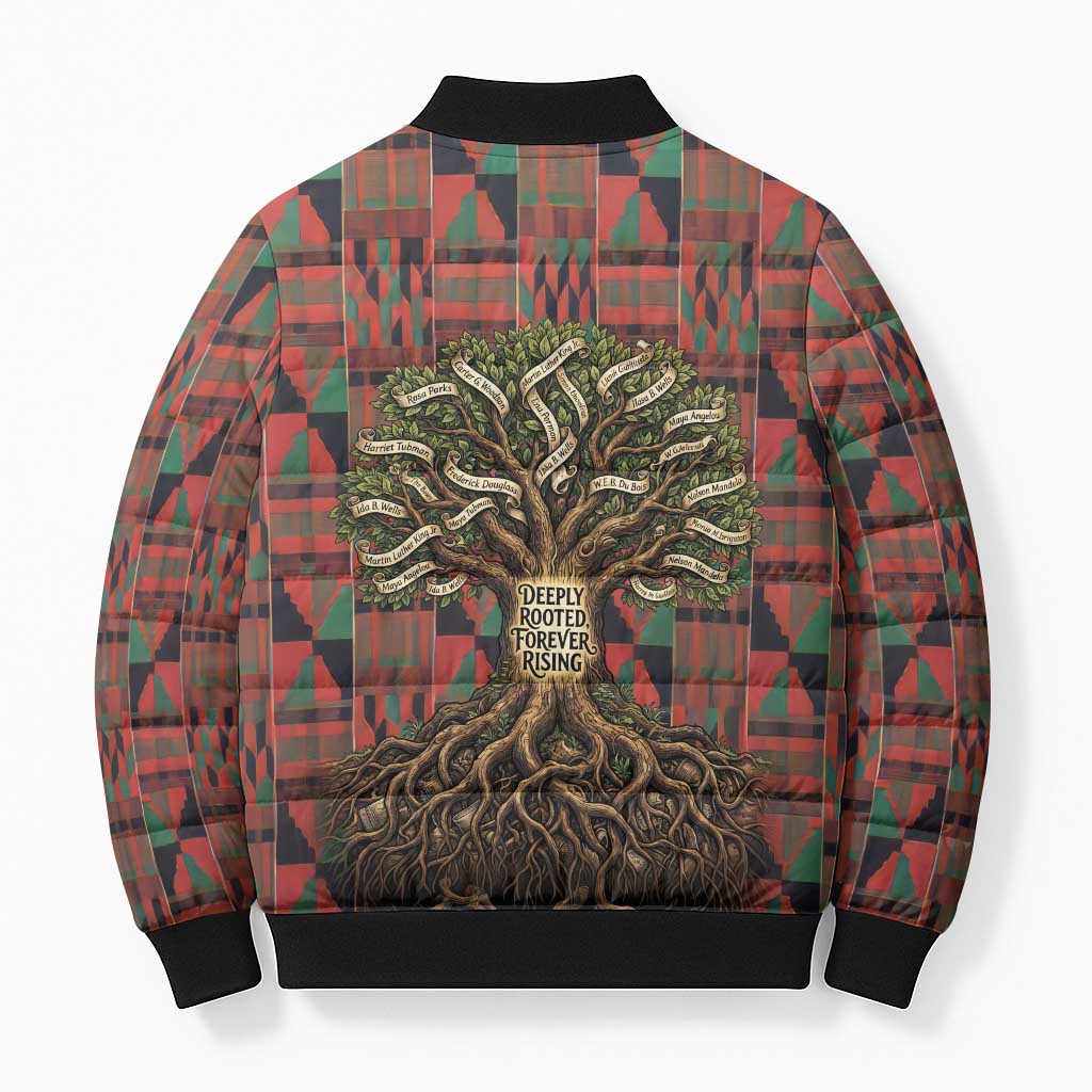 Black Heritage Tree Bomber Puffer Jacket African Root Black History Kente Pattern