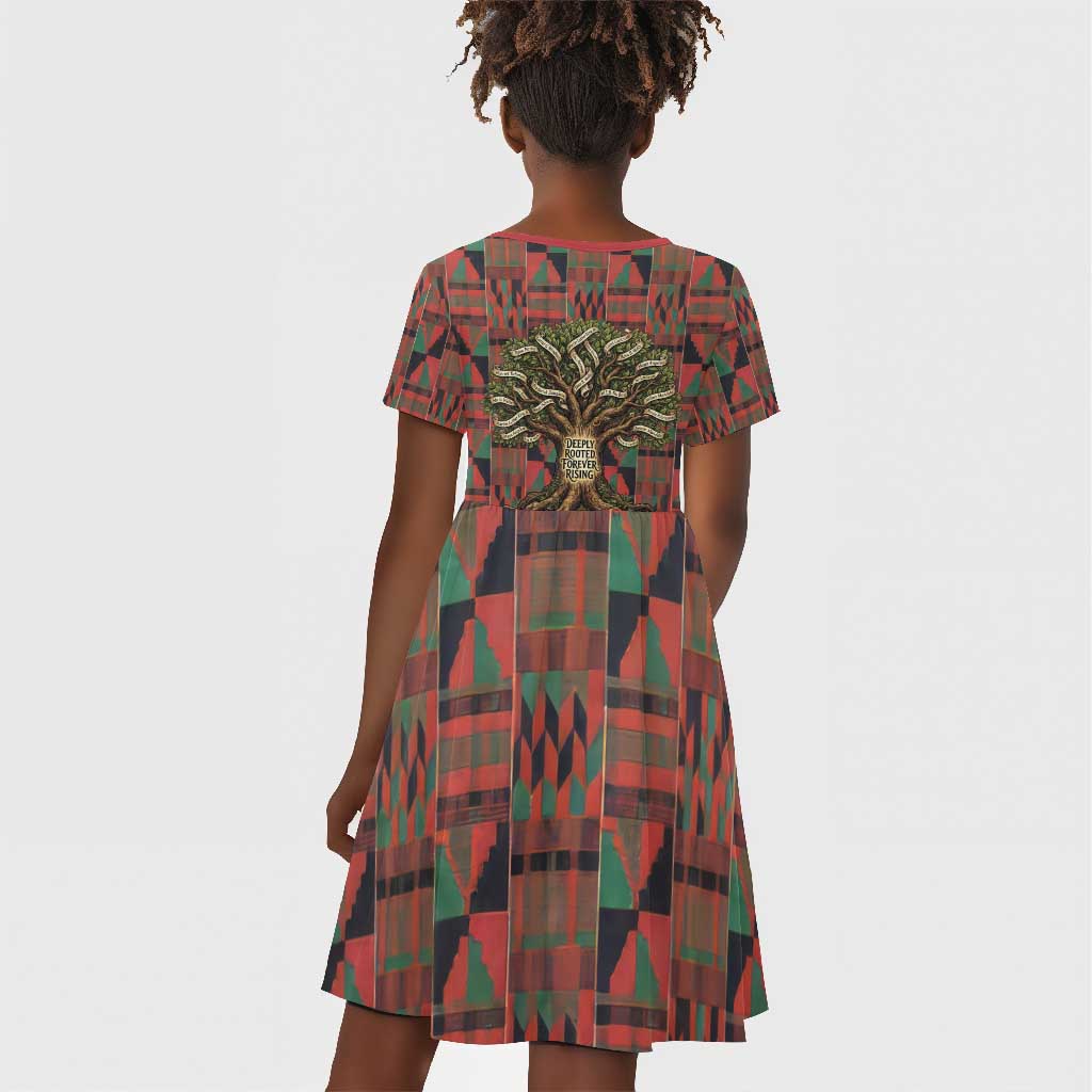 Black Heritage Tree Kid Short Sleeve Dress African Root Black History Kente Pattern
