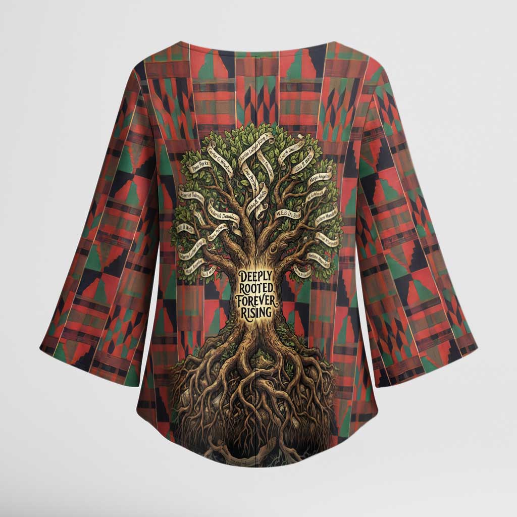 Black Heritage Tree Kimono Sleeve Blouse African Root Black History Kente Pattern