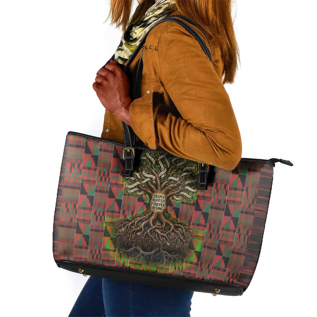 Black Heritage Tree Leather Tote Bag African Root Black History Kente Pattern