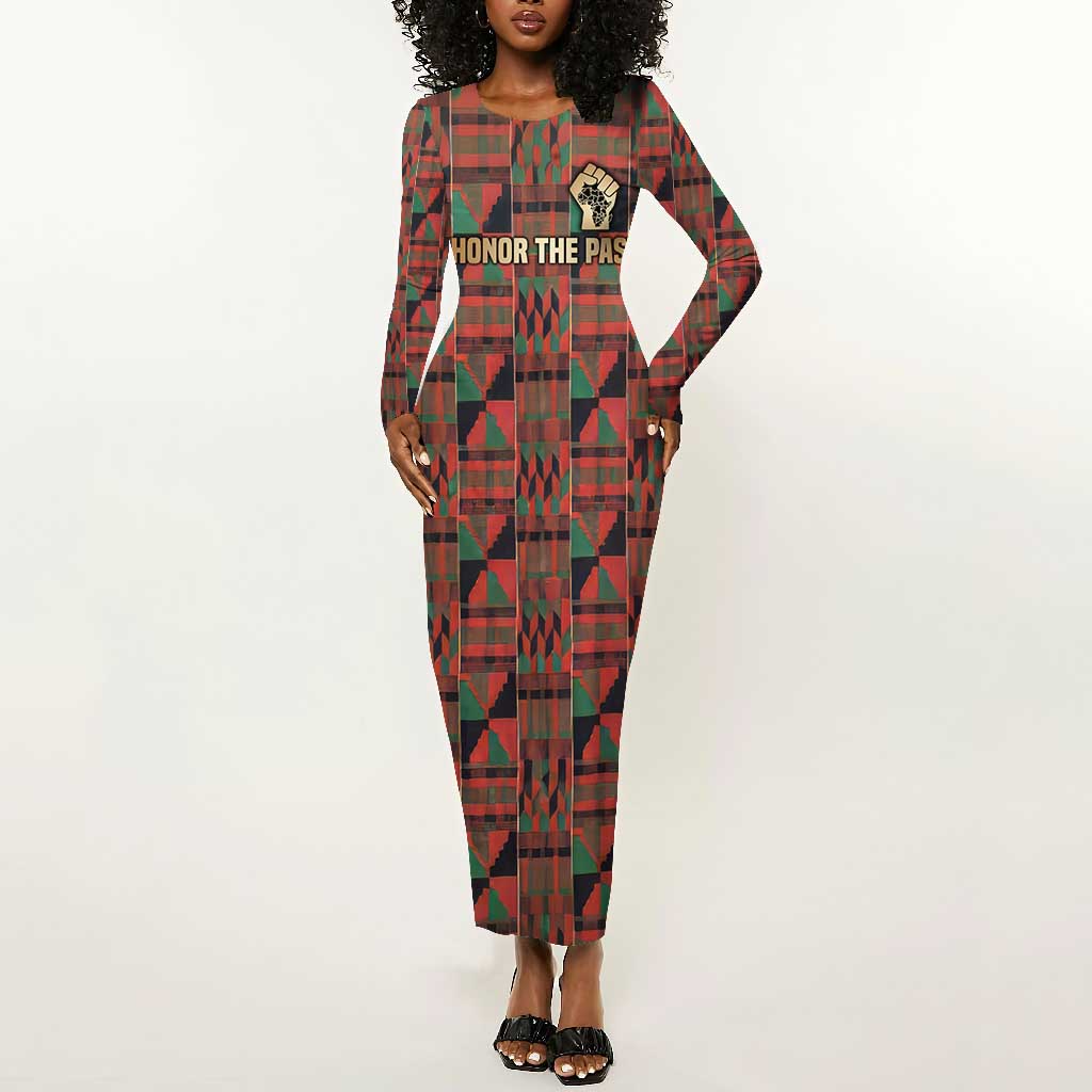 Black Heritage Tree Long Sleeve Bodycon Dress African Root Black History Kente Pattern