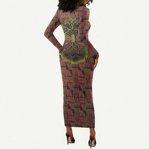 Black Heritage Tree Long Sleeve Bodycon Dress African Root Black History Kente Pattern