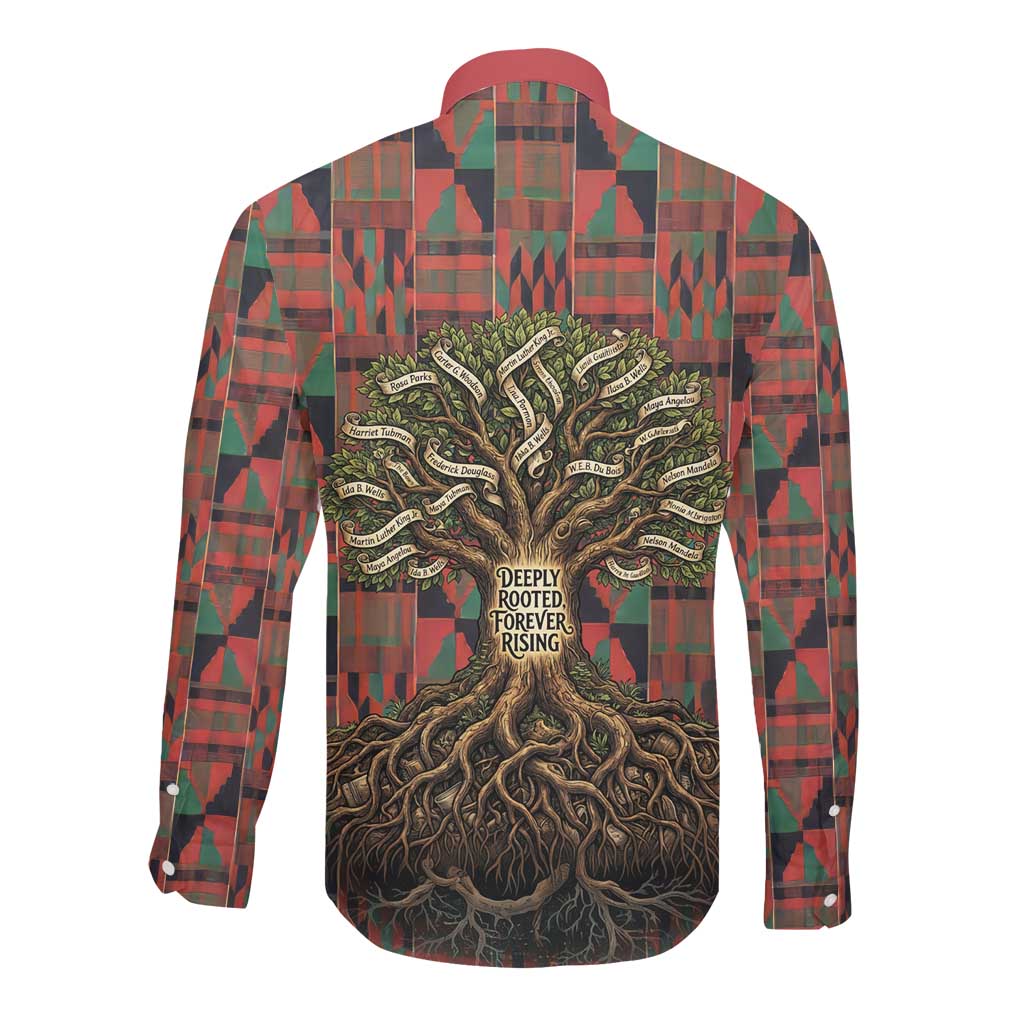 Black Heritage Tree Long Sleeve Button Shirt African Root Black History Kente Pattern
