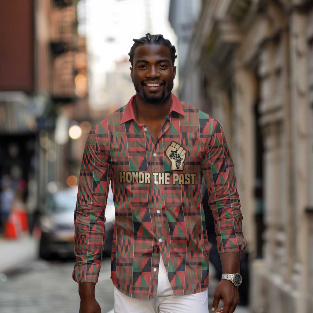 Black Heritage Tree Long Sleeve Button Shirt African Root Black History Kente Pattern