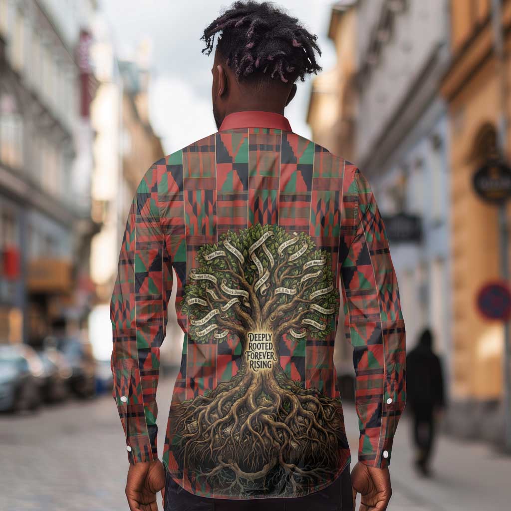 Black Heritage Tree Long Sleeve Button Shirt African Root Black History Kente Pattern