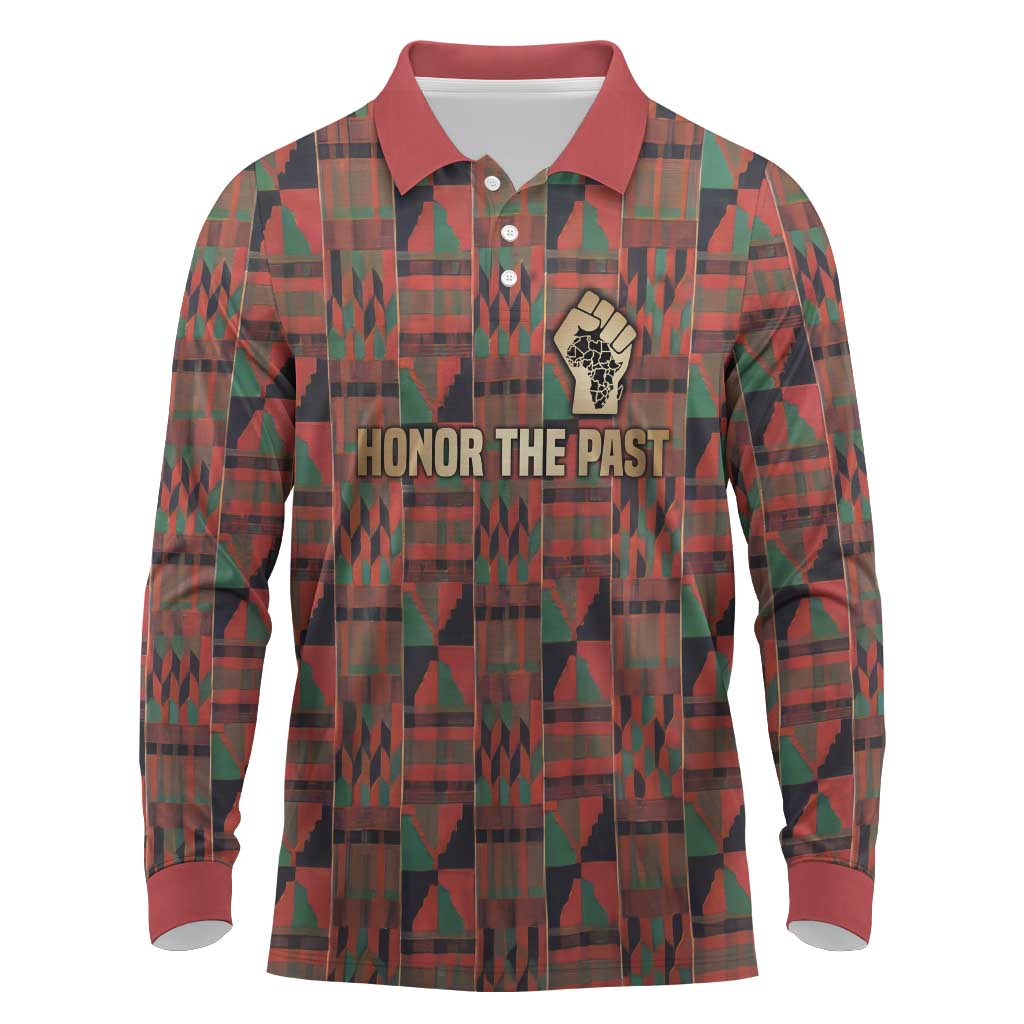 Black Heritage Tree Long Sleeve Polo Shirt African Root Black History Kente Pattern