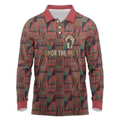 Black Heritage Tree Long Sleeve Polo Shirt African Root Black History Kente Pattern