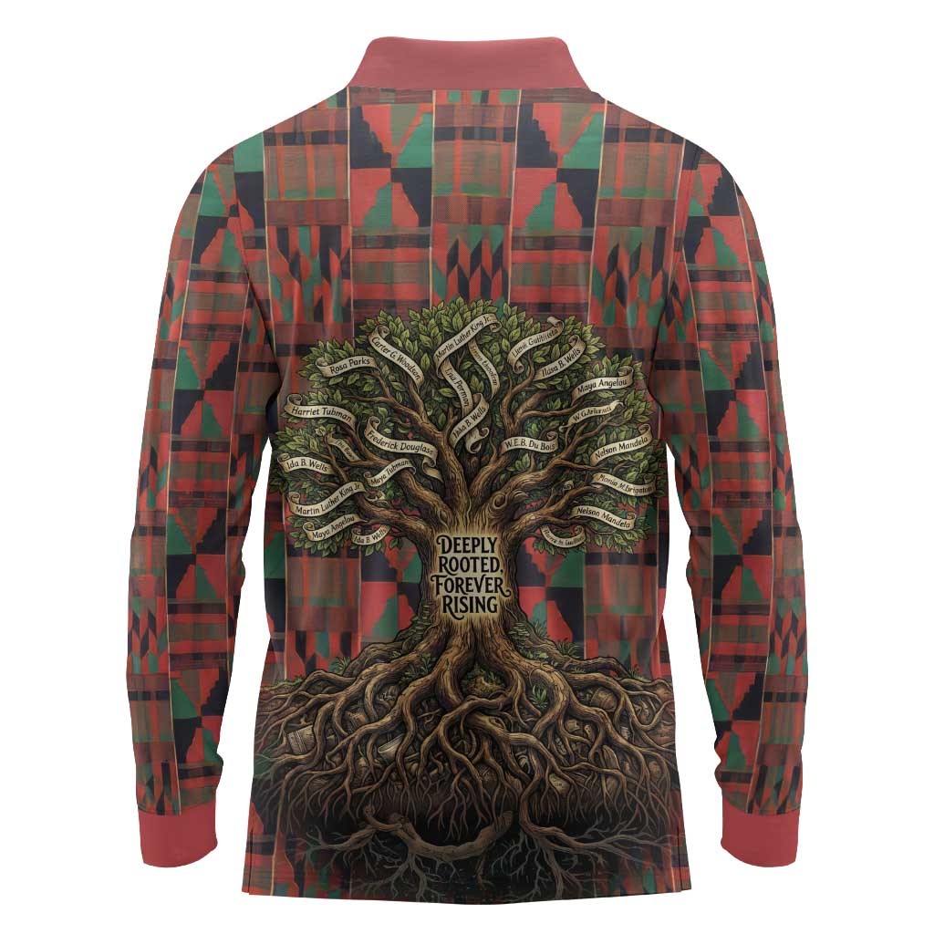 Black Heritage Tree Long Sleeve Polo Shirt African Root Black History Kente Pattern
