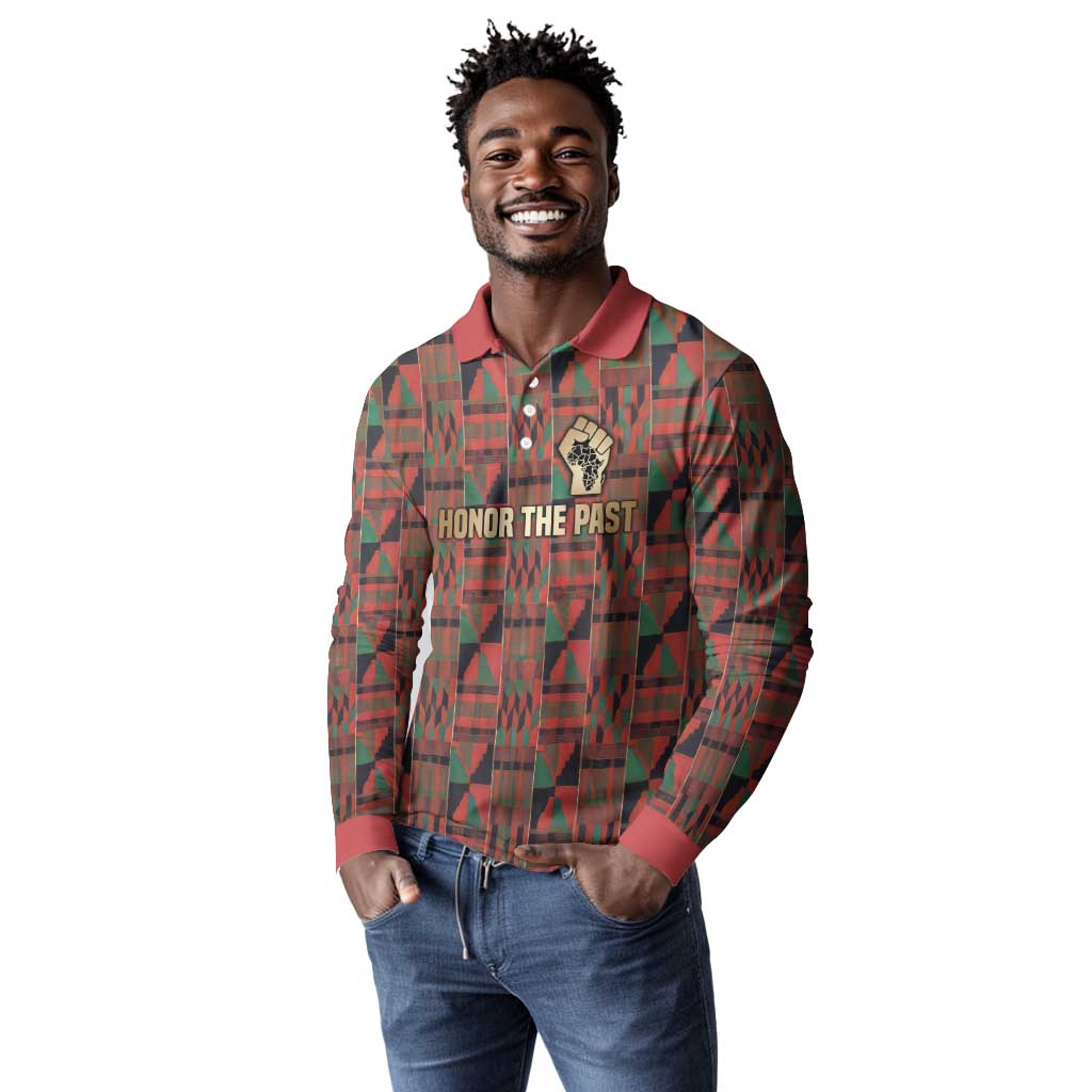 Black Heritage Tree Long Sleeve Polo Shirt African Root Black History Kente Pattern