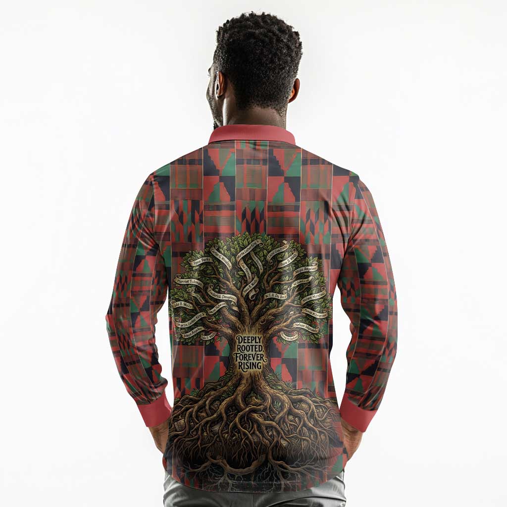 Black Heritage Tree Long Sleeve Polo Shirt African Root Black History Kente Pattern