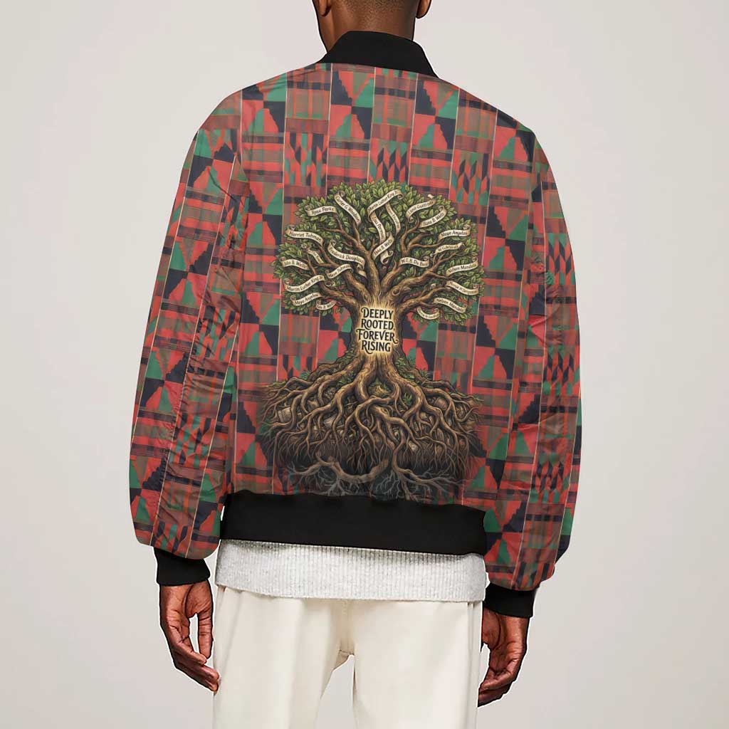 Black Heritage Tree Sleeve Zip Bomber Jacket African Root Black History Kente Pattern