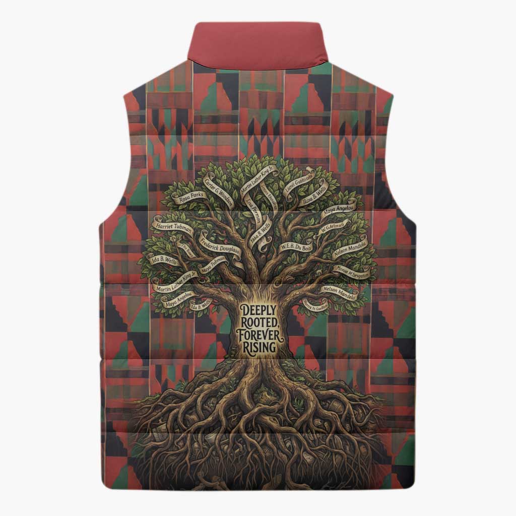 Black Heritage Tree Sleeveless Puffer Jacket African Root Black History Kente Pattern