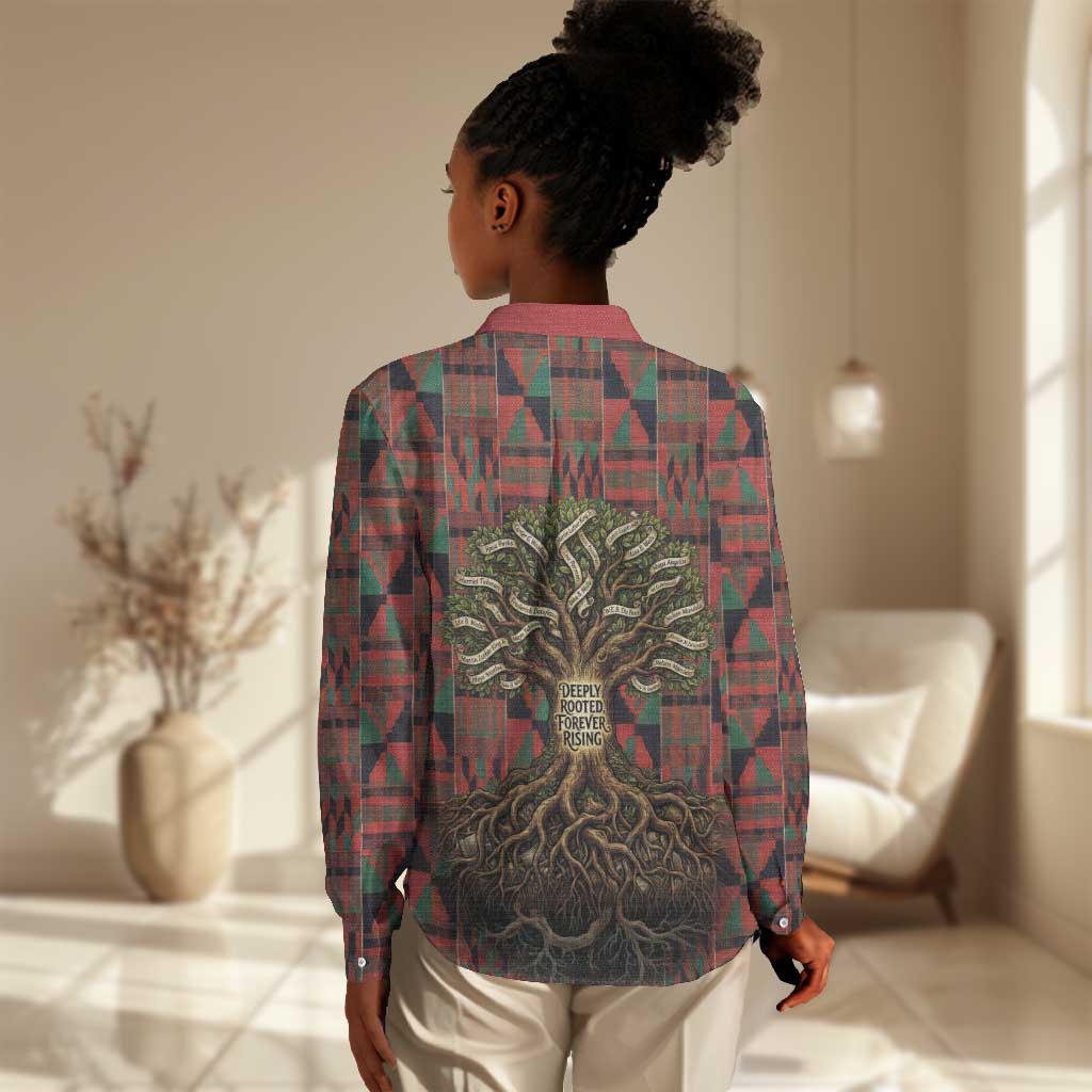 Black Heritage Tree Women Casual Shirt African Root Black History Kente Pattern