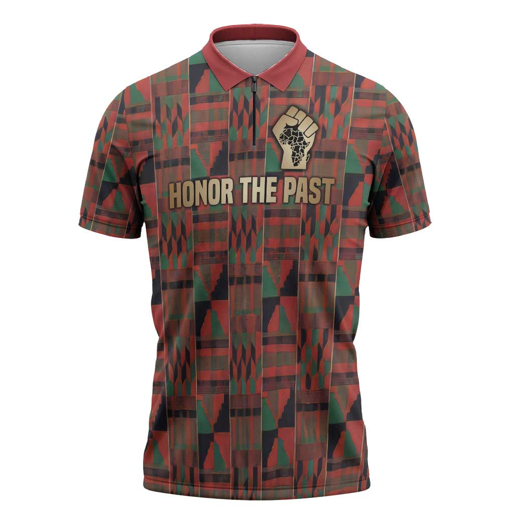Black Heritage Tree Zipper Polo Shirt African Root Black History Kente Pattern