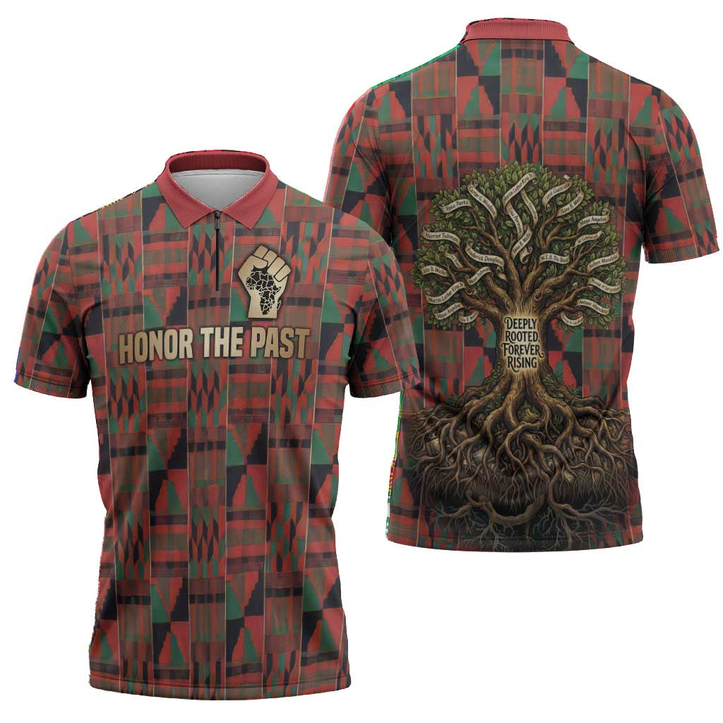 Black Heritage Tree Zipper Polo Shirt African Root Black History Kente Pattern
