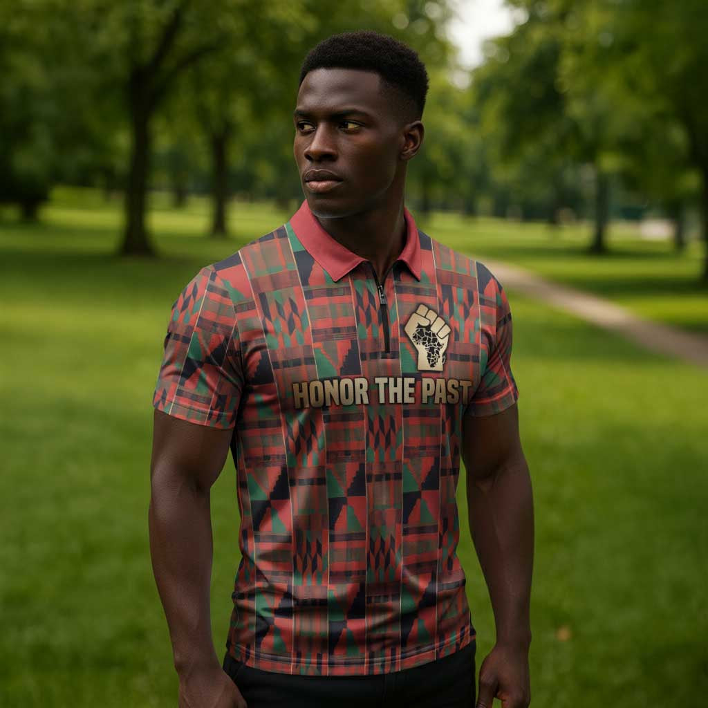 Black Heritage Tree Zipper Polo Shirt African Root Black History Kente Pattern