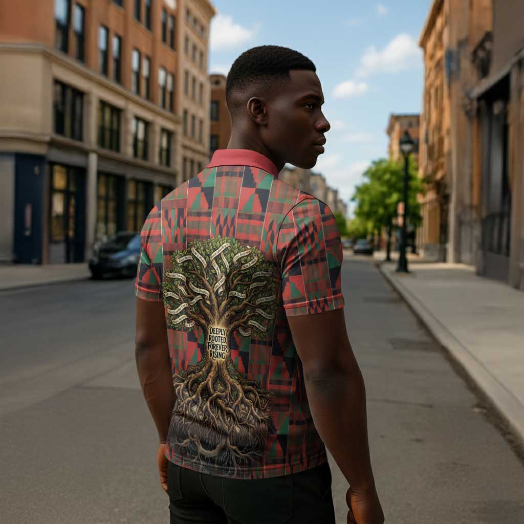 Black Heritage Tree Zipper Polo Shirt African Root Black History Kente Pattern