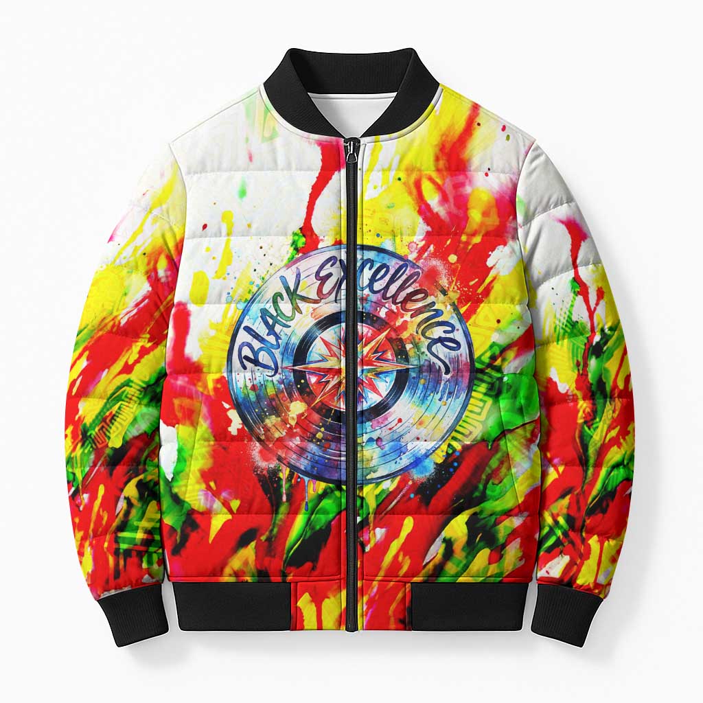 MLK Black Excellence Bomber Puffer Jacket Martin Luther King Jr Colorful Abstract Watercolor