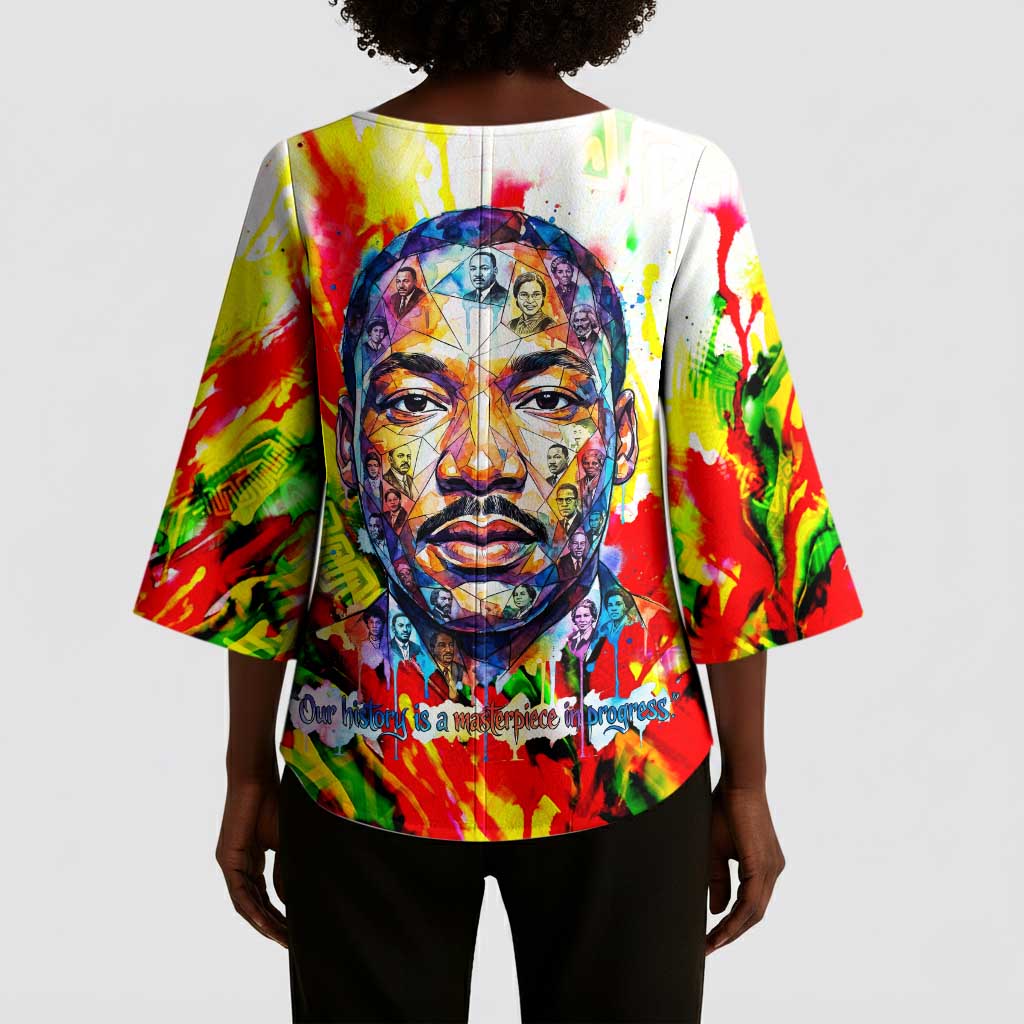 MLK Black Excellence Kimono Sleeve Blouse Martin Luther King Jr Colorful Abstract Watercolor