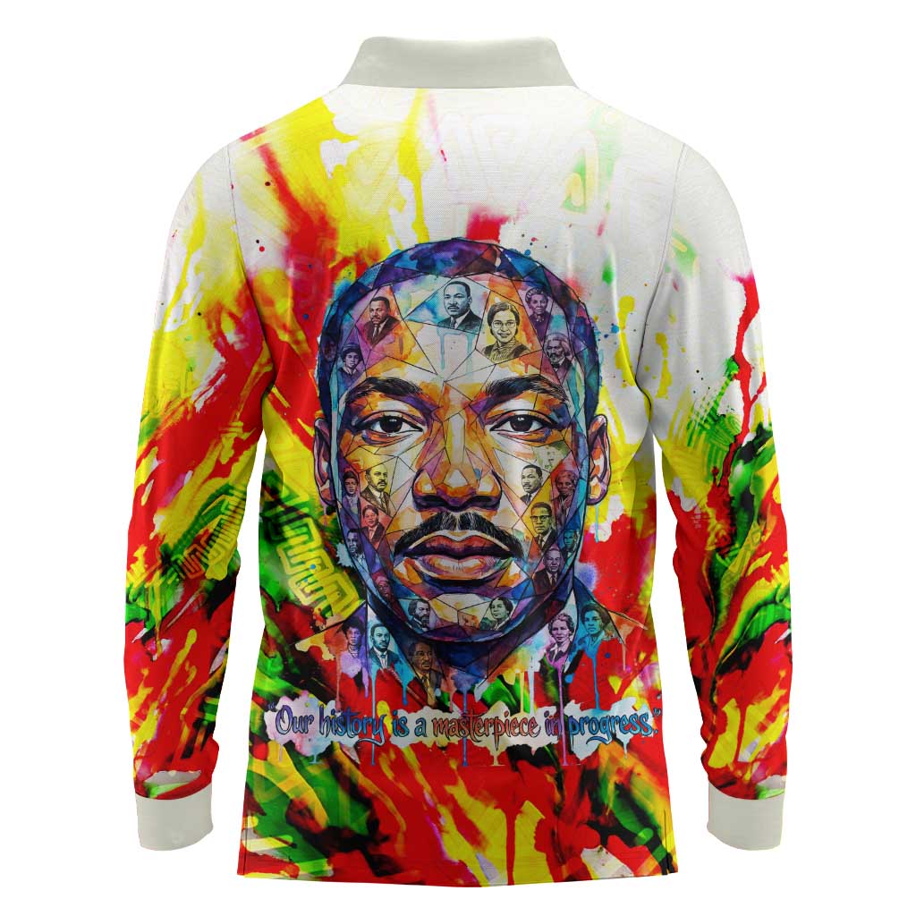 MLK Black Excellence Long Sleeve Polo Shirt Martin Luther King Jr Colorful Abstract Watercolor