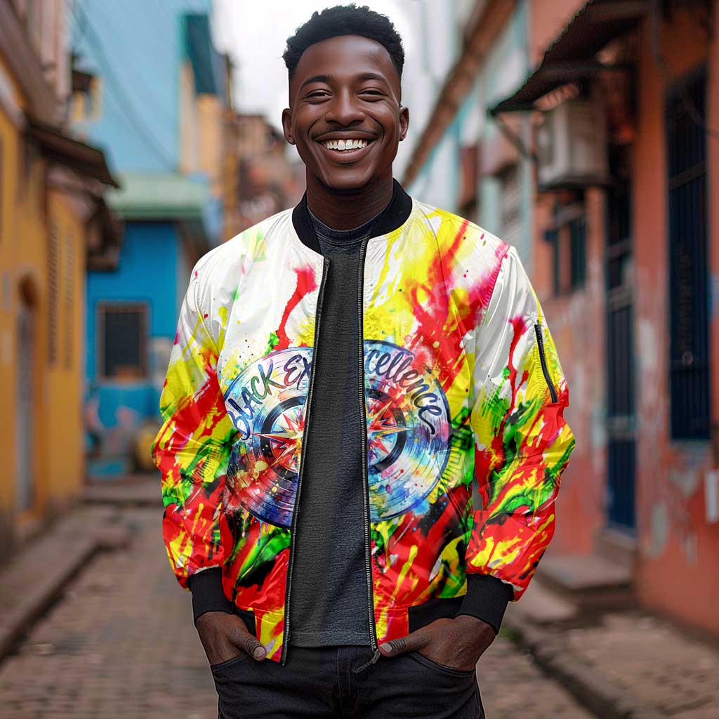 MLK Black Excellence Sleeve Zip Bomber Jacket Martin Luther King Jr Colorful Abstract Watercolor