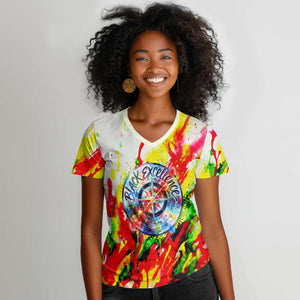 MLK Black Excellence Women V-Neck T-Shirt Martin Luther King Jr Colorful Abstract Watercolor
