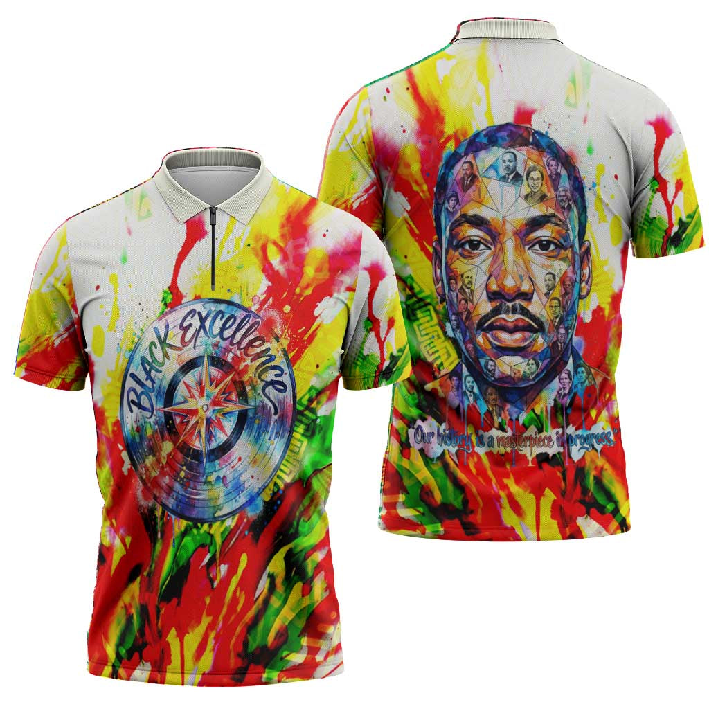 MLK Black Excellence Zipper Polo Shirt Martin Luther King Jr Colorful Abstract Watercolor