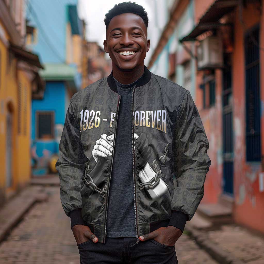 1926 Forever Black History Month Bomber Jacket Broken Chains Freedom Adinkra Symbol