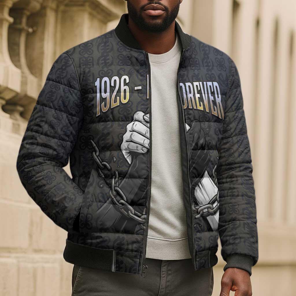 1926 Forever Black History Month Bomber Puffer Jacket Broken Chains Freedom Adinkra Symbol