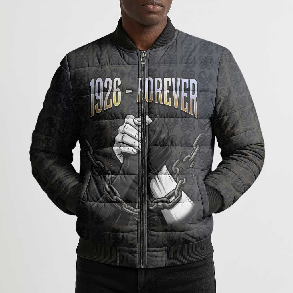 1926 Forever Black History Month Bomber Puffer Jacket Broken Chains Freedom Adinkra Symbol