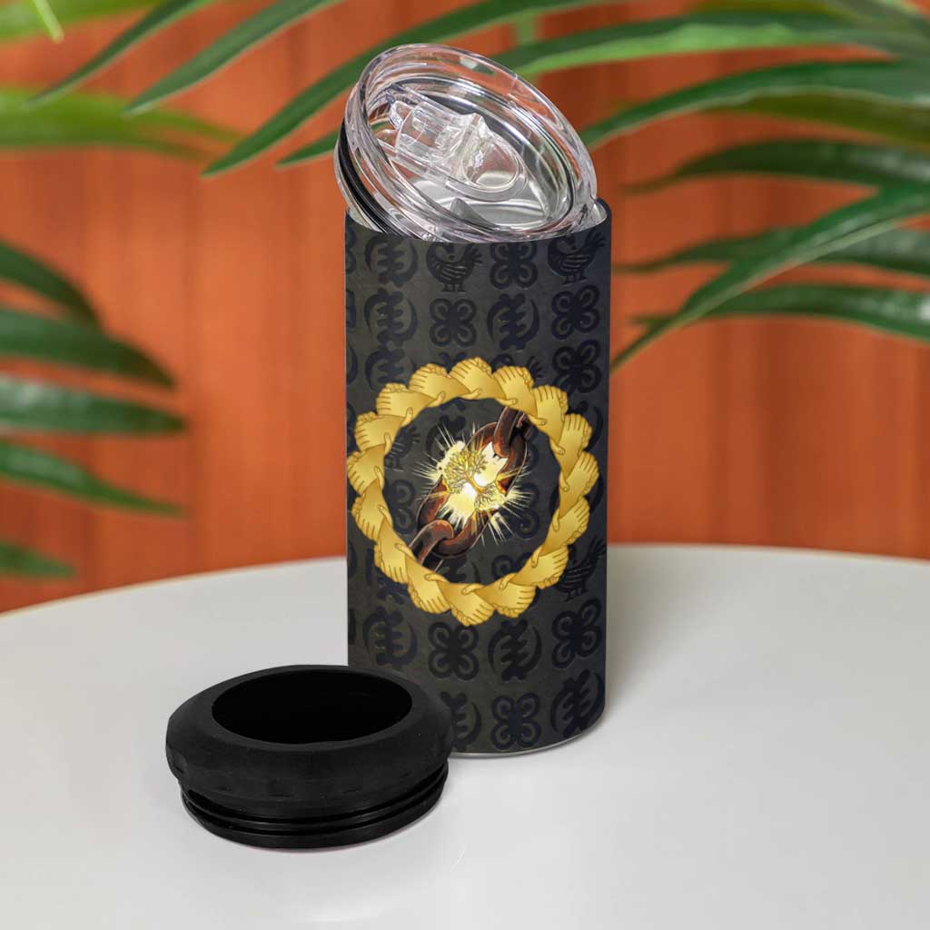 1926 Forever Black History Month 4 in 1 Can Cooler Tumbler Broken Chains Freedom Adinkra Symbol