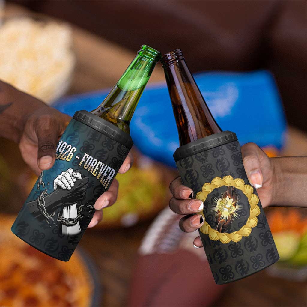 1926 Forever Black History Month 4 in 1 Can Cooler Tumbler Broken Chains Freedom Adinkra Symbol