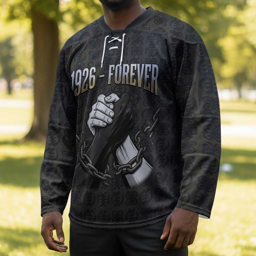 1926 Forever Black History Month Hockey Jersey Broken Chains Freedom Adinkra Symbol