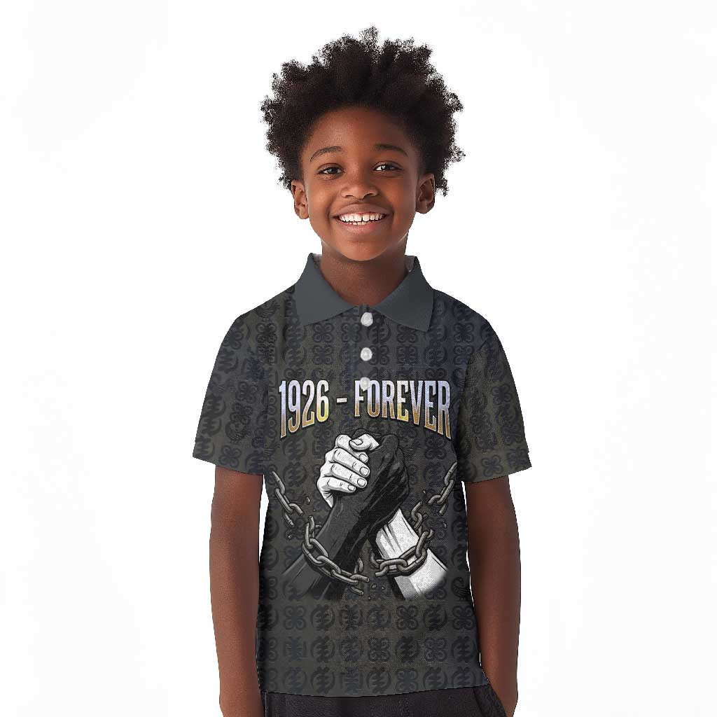 1926 Forever Black History Month Kid Polo Shirt Broken Chains Freedom Adinkra Symbol