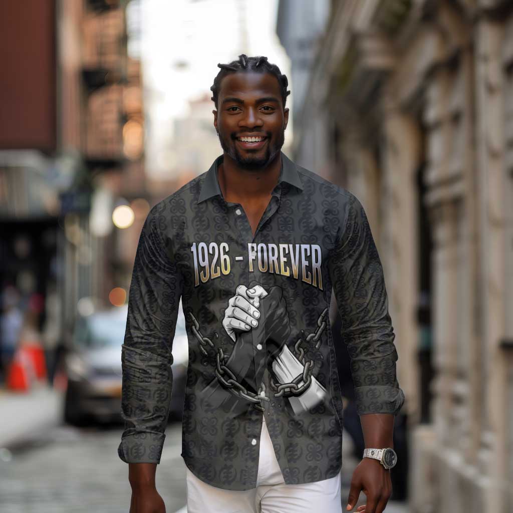 1926 Forever Black History Month Long Sleeve Button Shirt Broken Chains Freedom Adinkra Symbol